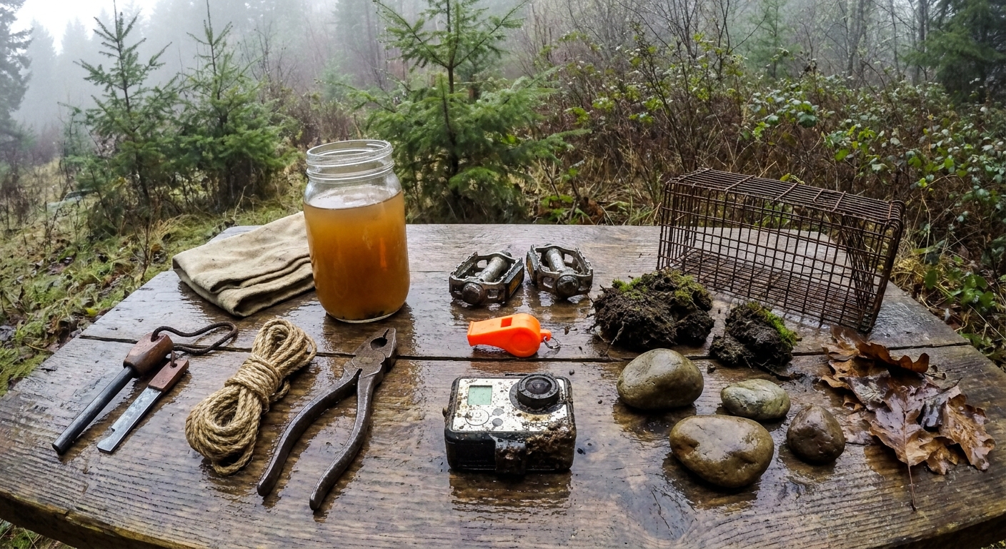 A wet wooden table in a foggy forest holding a folded cloth, a jar of amber liquid, bicycle pedals, a wire cage, moss, rocks, leaves, a fire striker, rope, pliers, a whistle and a camera.